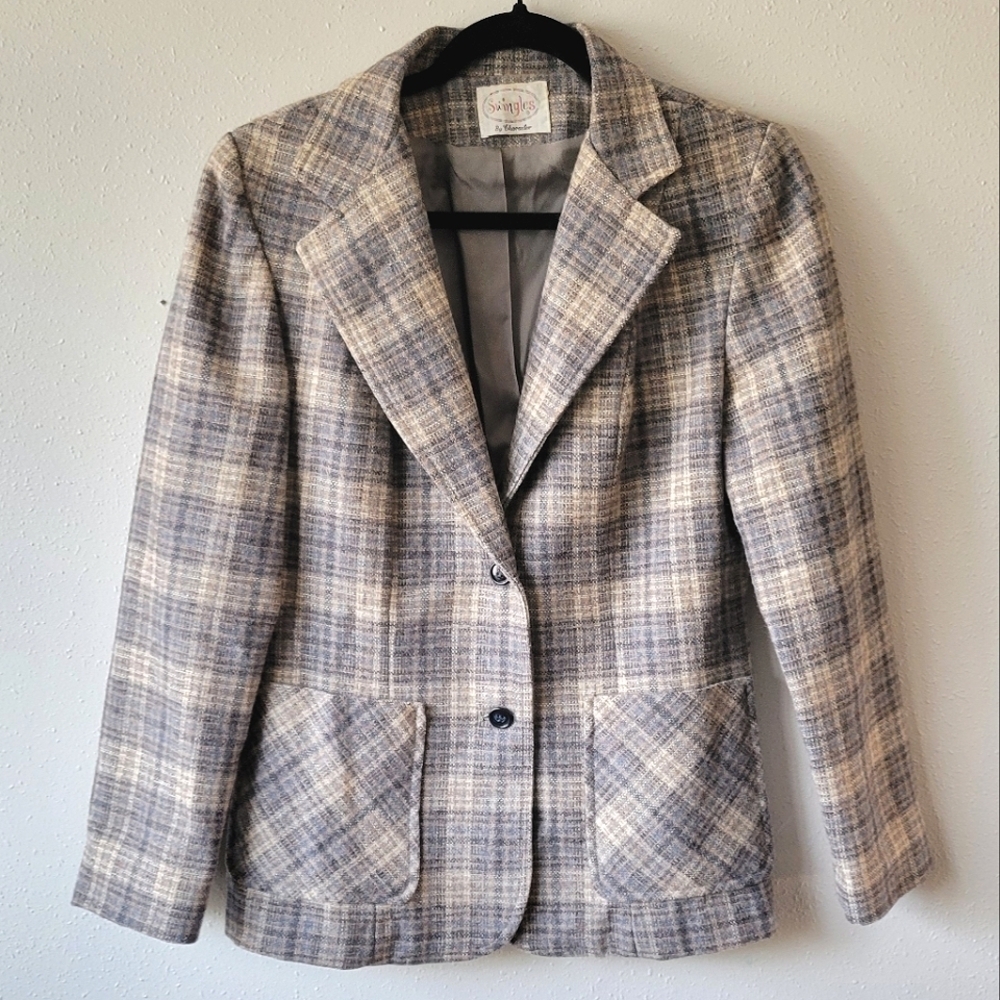 Vintage 80s Wool Plaid Blazer Academic Collegiate Office Womens Small Equestrian